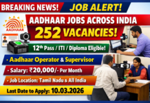 Job Announcement in Aadhaar Sector Across India – 252 Vacancies | 12th, ITI, Diploma Pass Can Apply | No Exam | Aadhaar Operator Supervisor Recruitment 2026